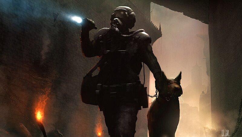 soldier with dog in ruins