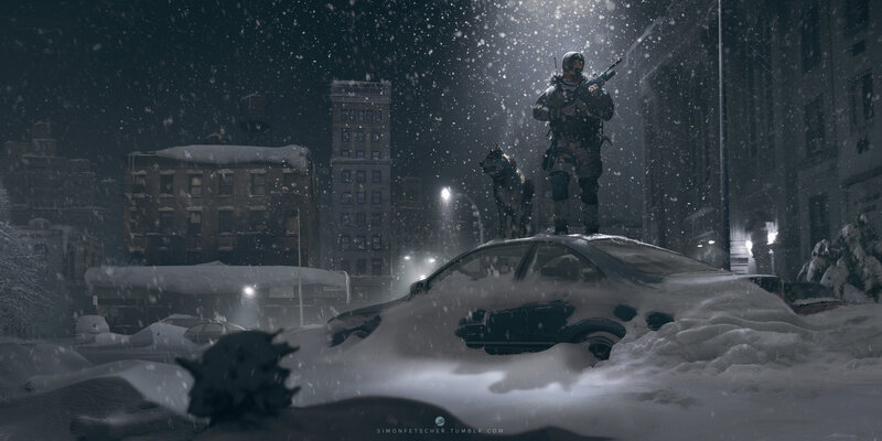 Soldier with Dog in Snow — Black, Dramatic