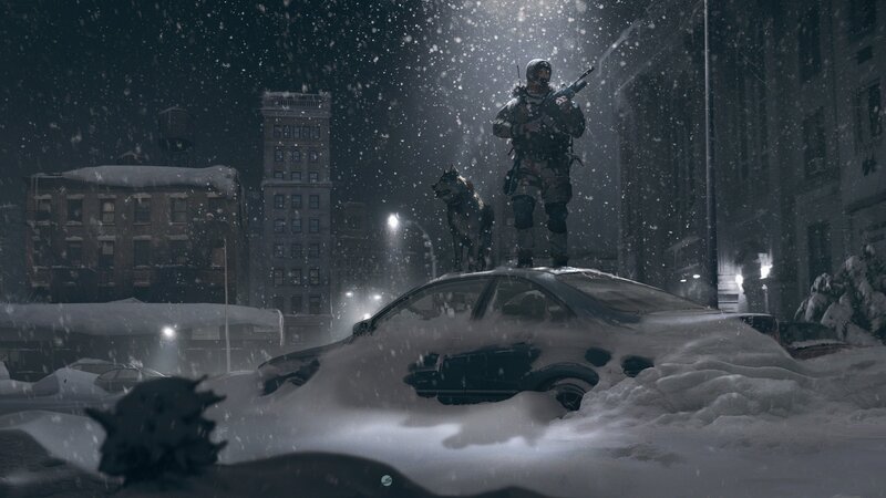 Soldier with Dog in Snow — Black