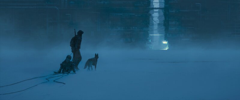 Soldier with Dog in Snow — Blue