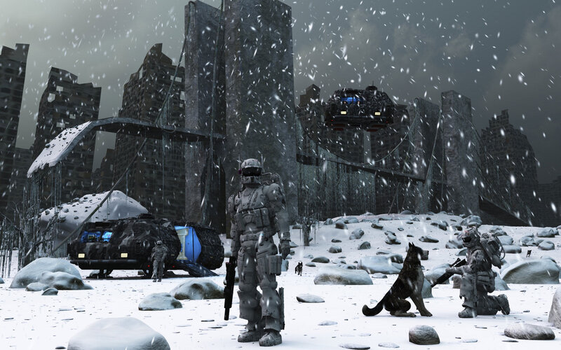 Soldier with Dog in Snow