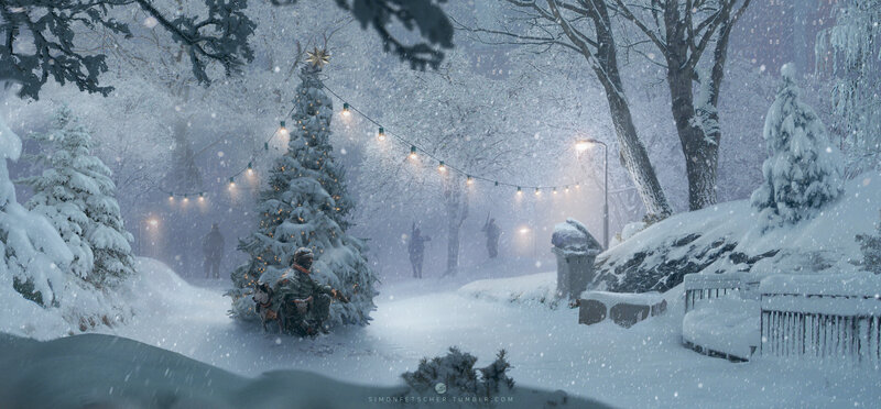 Soldier with Dog in Snow — White, Cold
