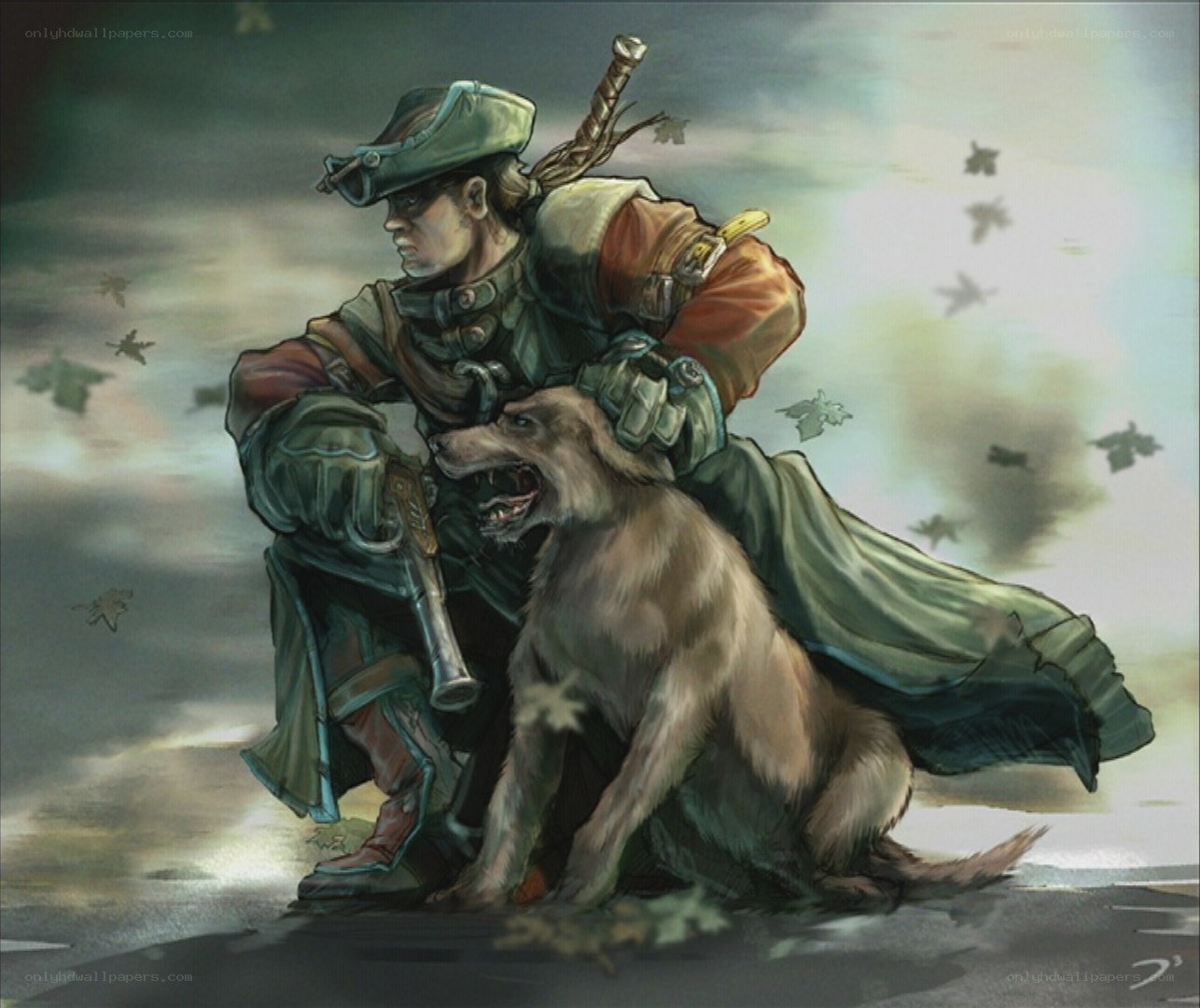 soldier with dog in storm