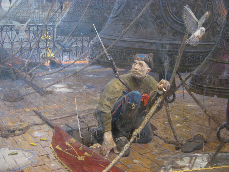 Soldier with dove in war-torn city