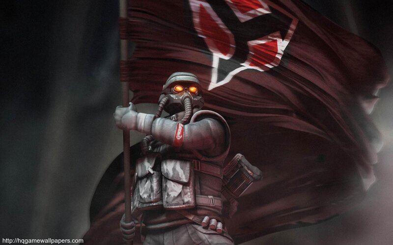 soldier with flag and gas mask