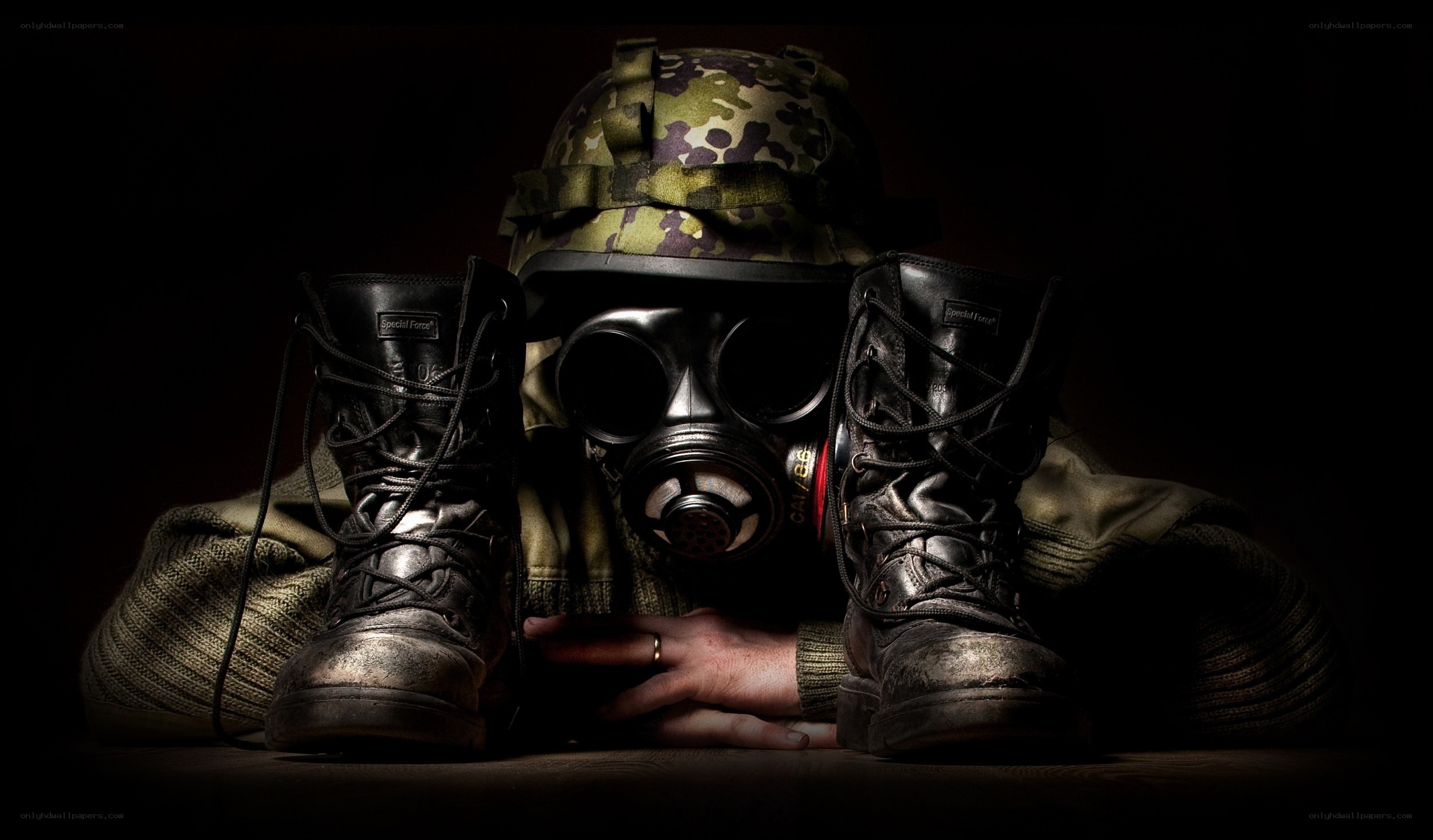 soldier with gas mask and boots
