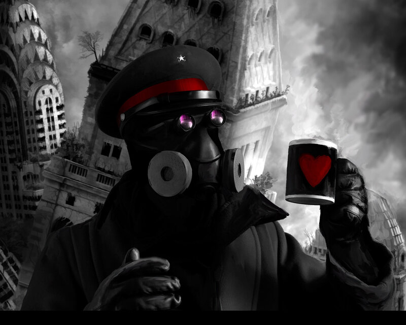 soldier with gas mask and coffee