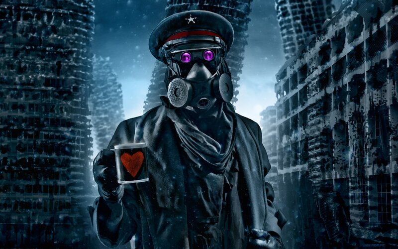 soldier with gas mask and heart mug