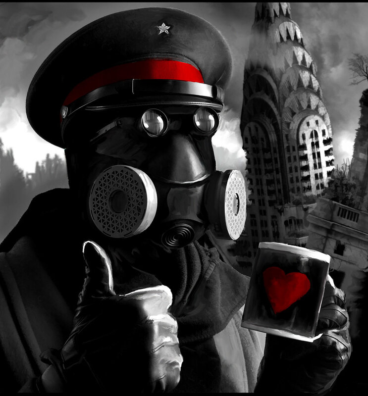 soldier with gas mask and heart