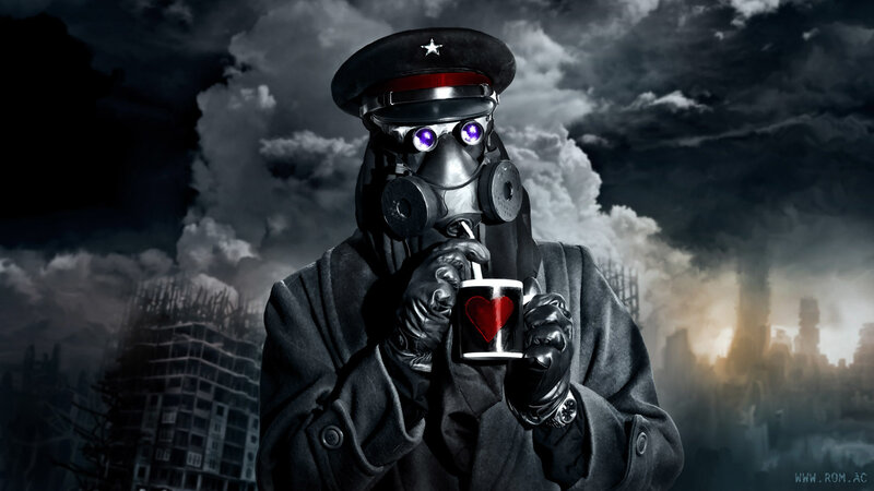 soldier with gas mask and mug