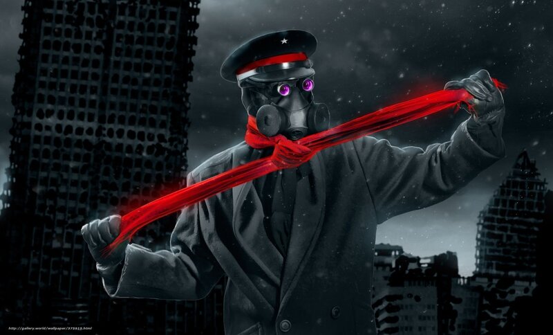 soldier with gas mask and red ribbon