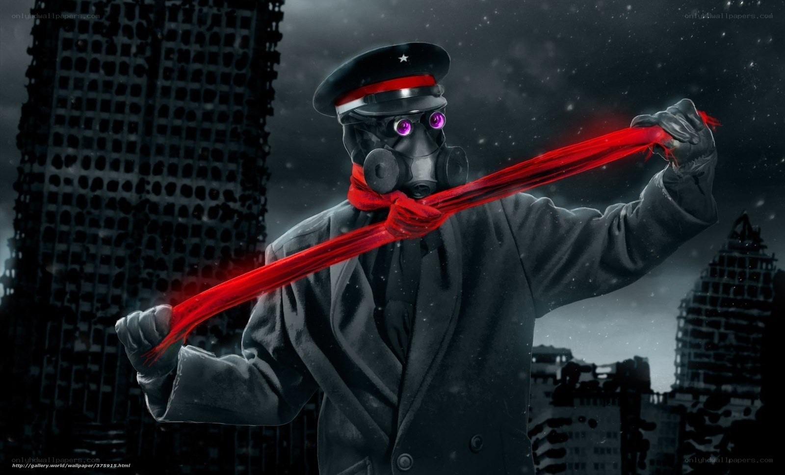 soldier with gas mask and red ribbon