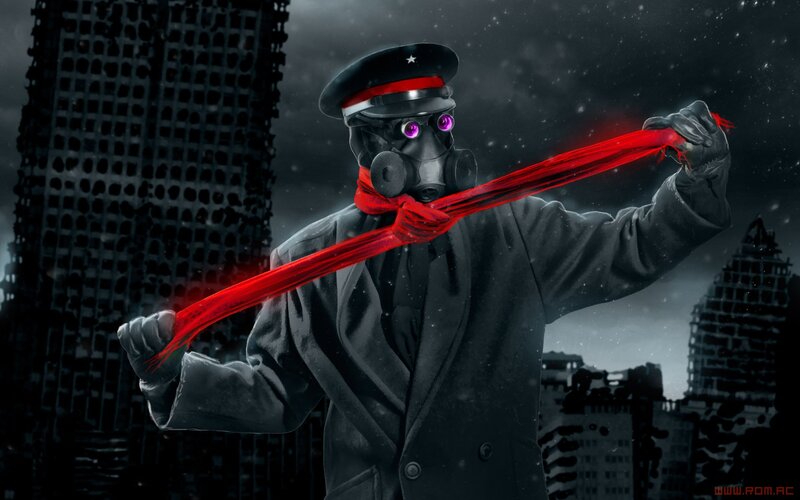 soldier with gas mask and red scarf