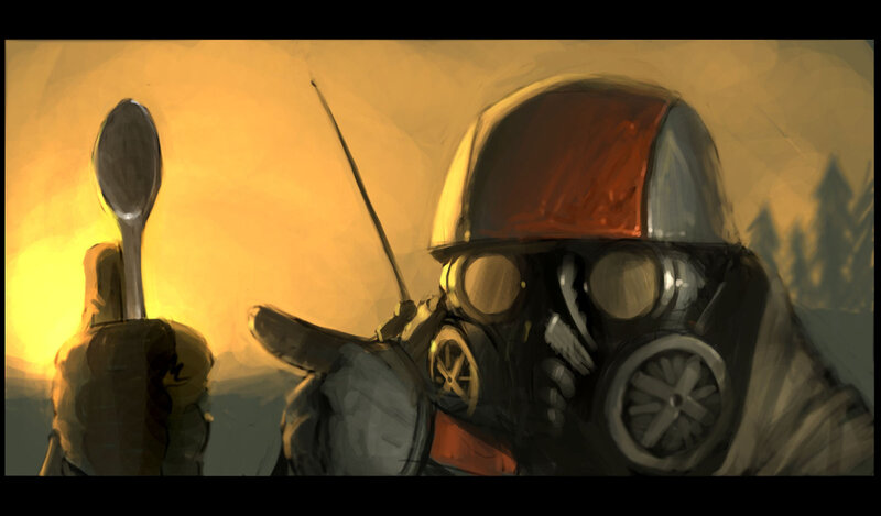 soldier with gas mask and spoon