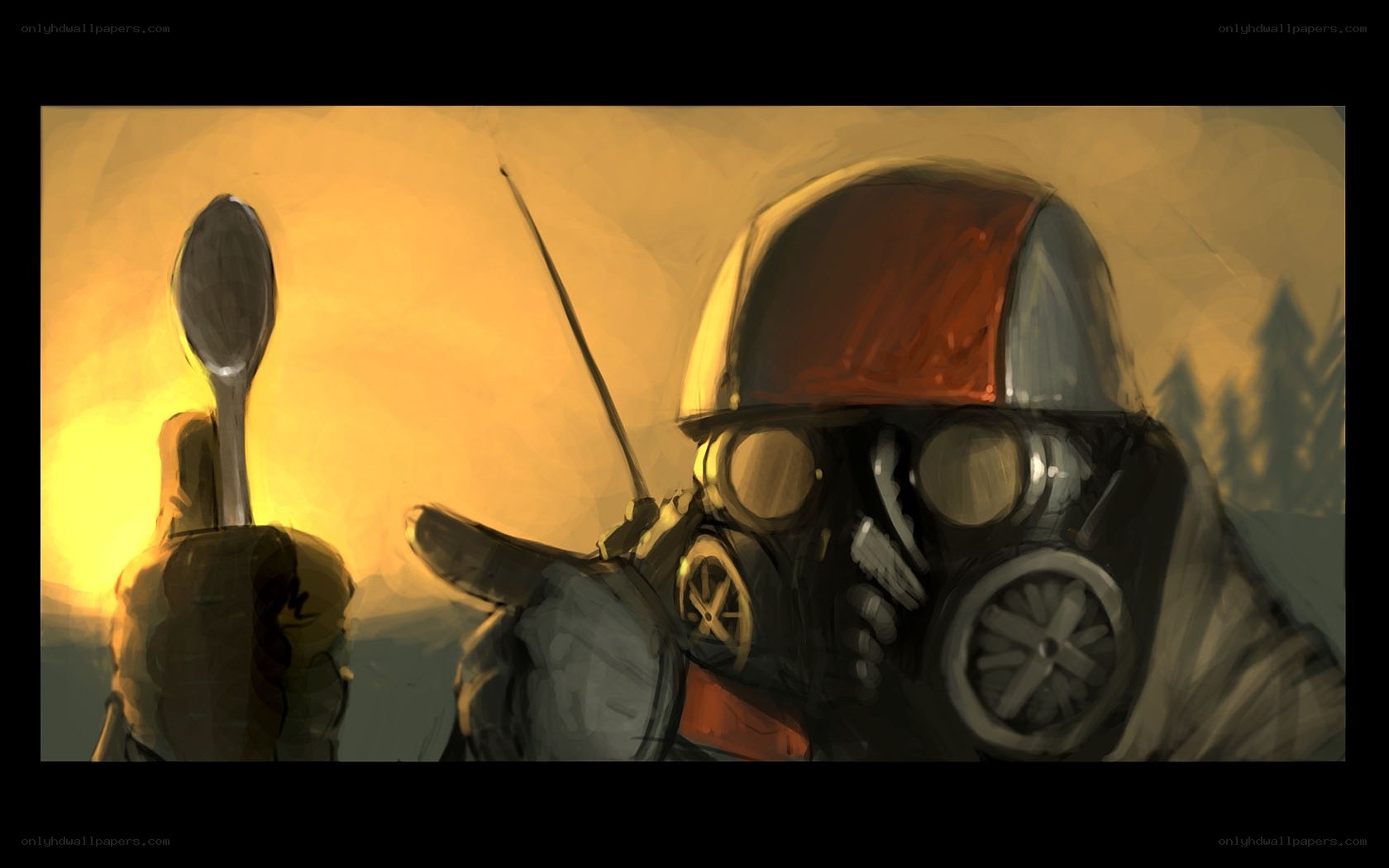 soldier with gas mask and spoon