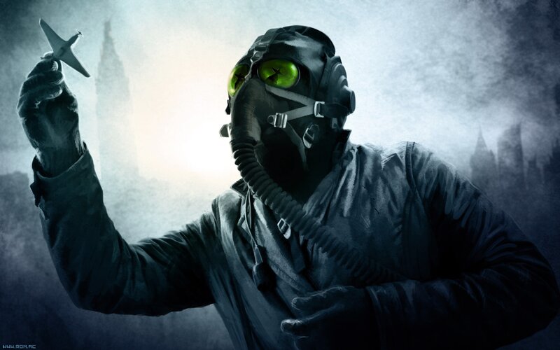 soldier with gas mask and toy plane