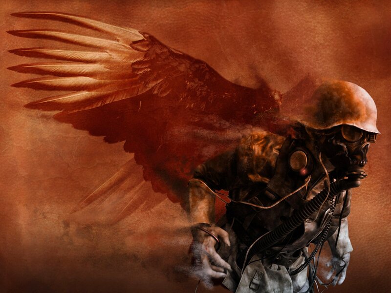 Soldier with Gas Mask — Brown, Dramatic, Digital Art, Wings, Gas Mask