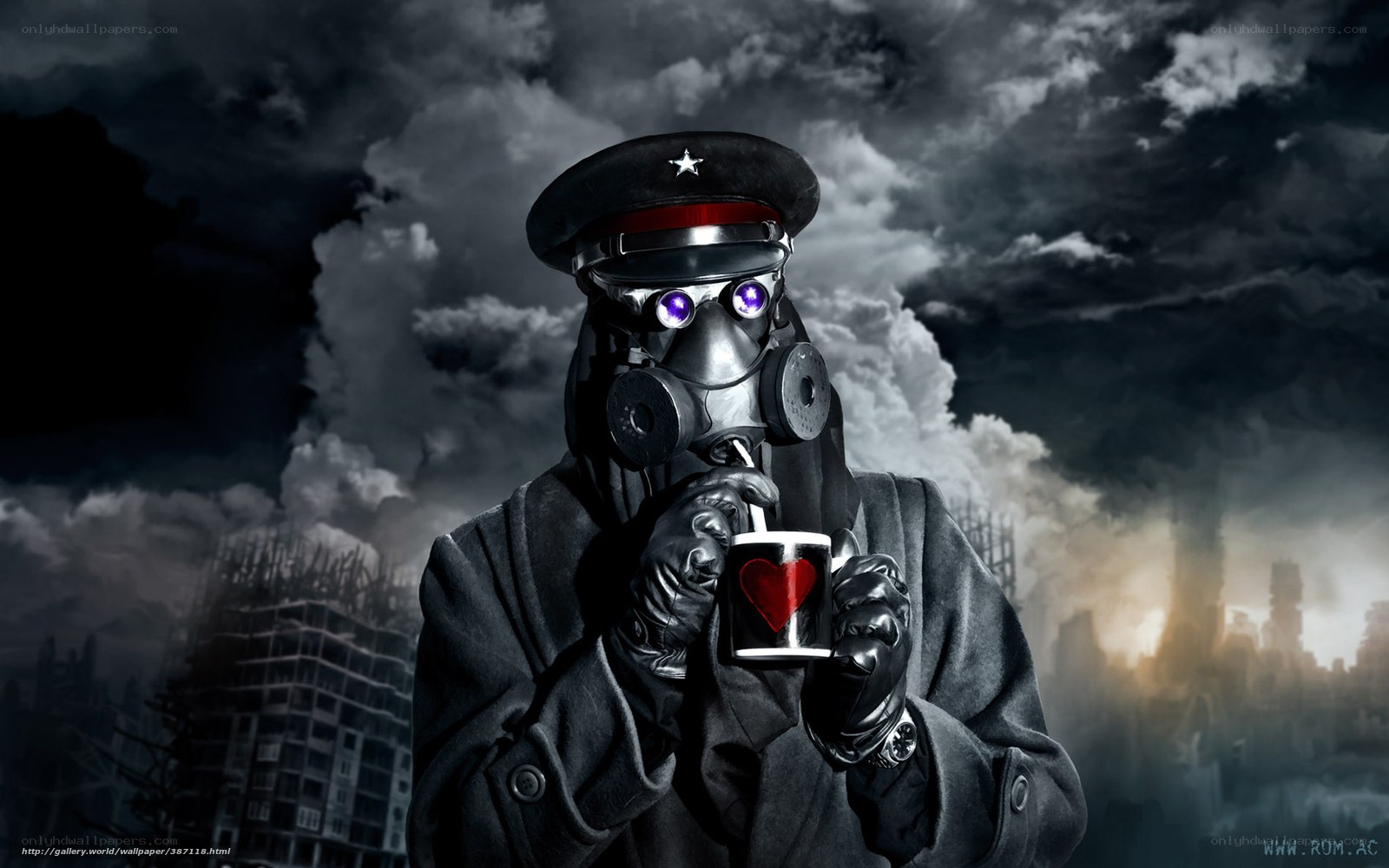 soldier with gas mask drinking coffee