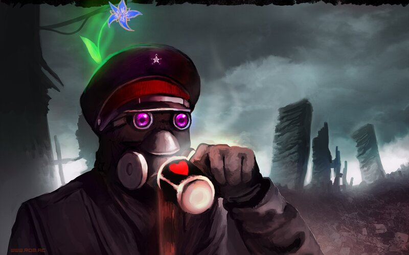 soldier with gas mask in ruins