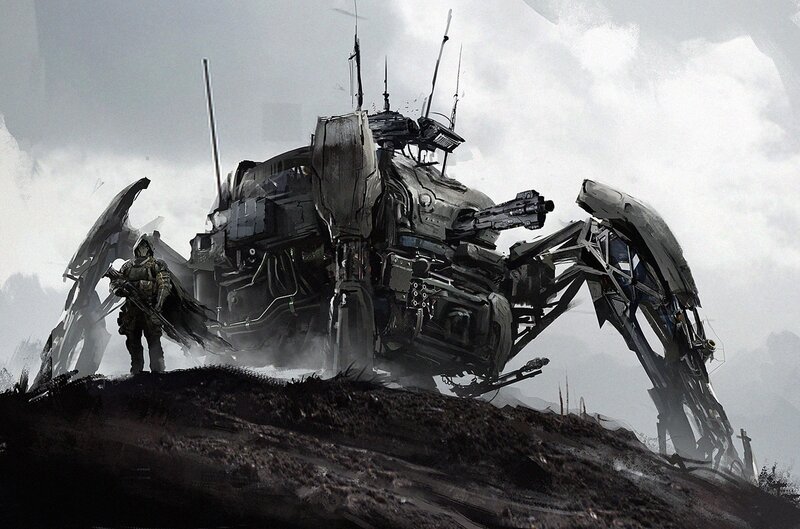Soldier with Mech — Gray, Dramatic, Digital Art