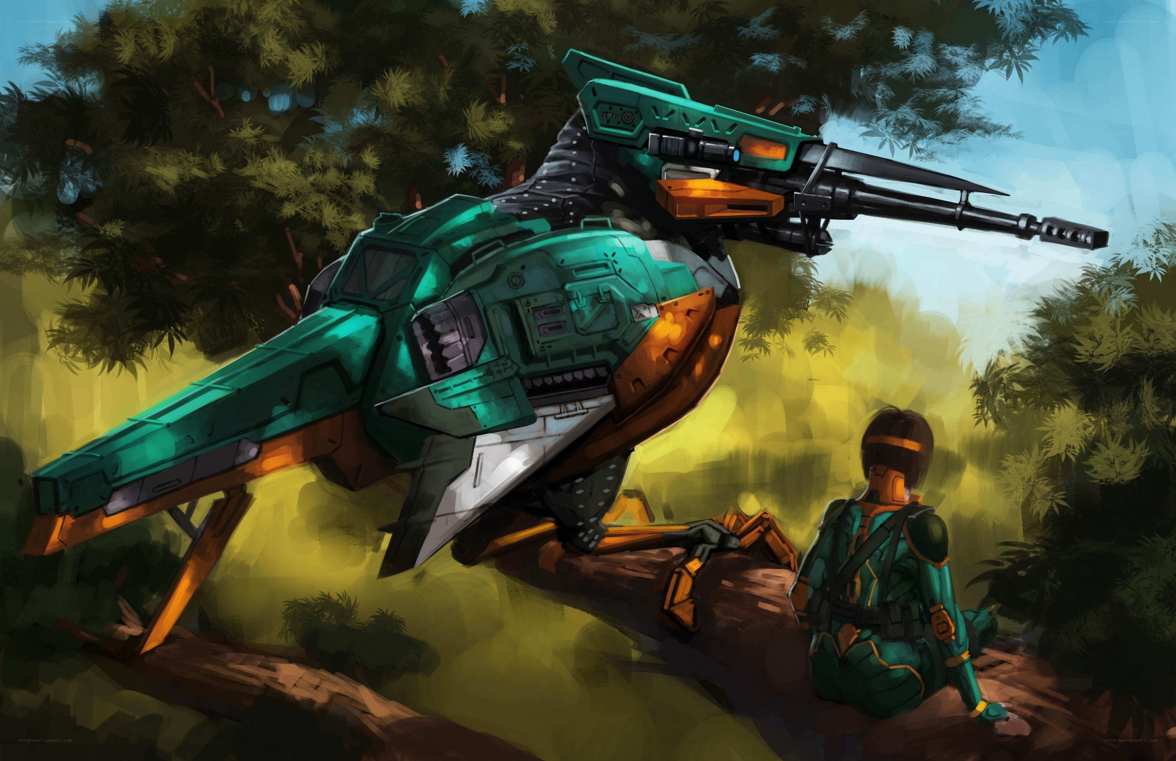 soldier with mech in forest