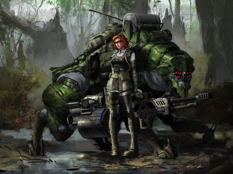 soldier with mech in forest