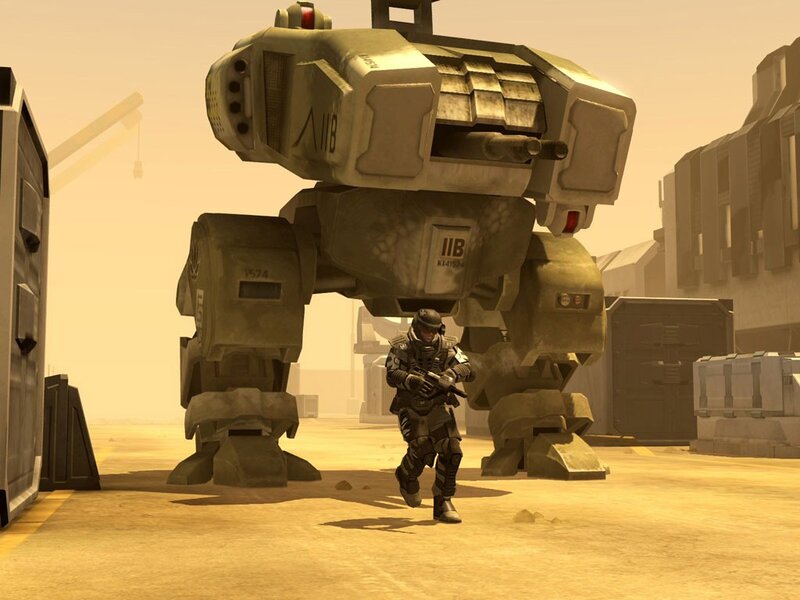 Soldier with mecha in desert