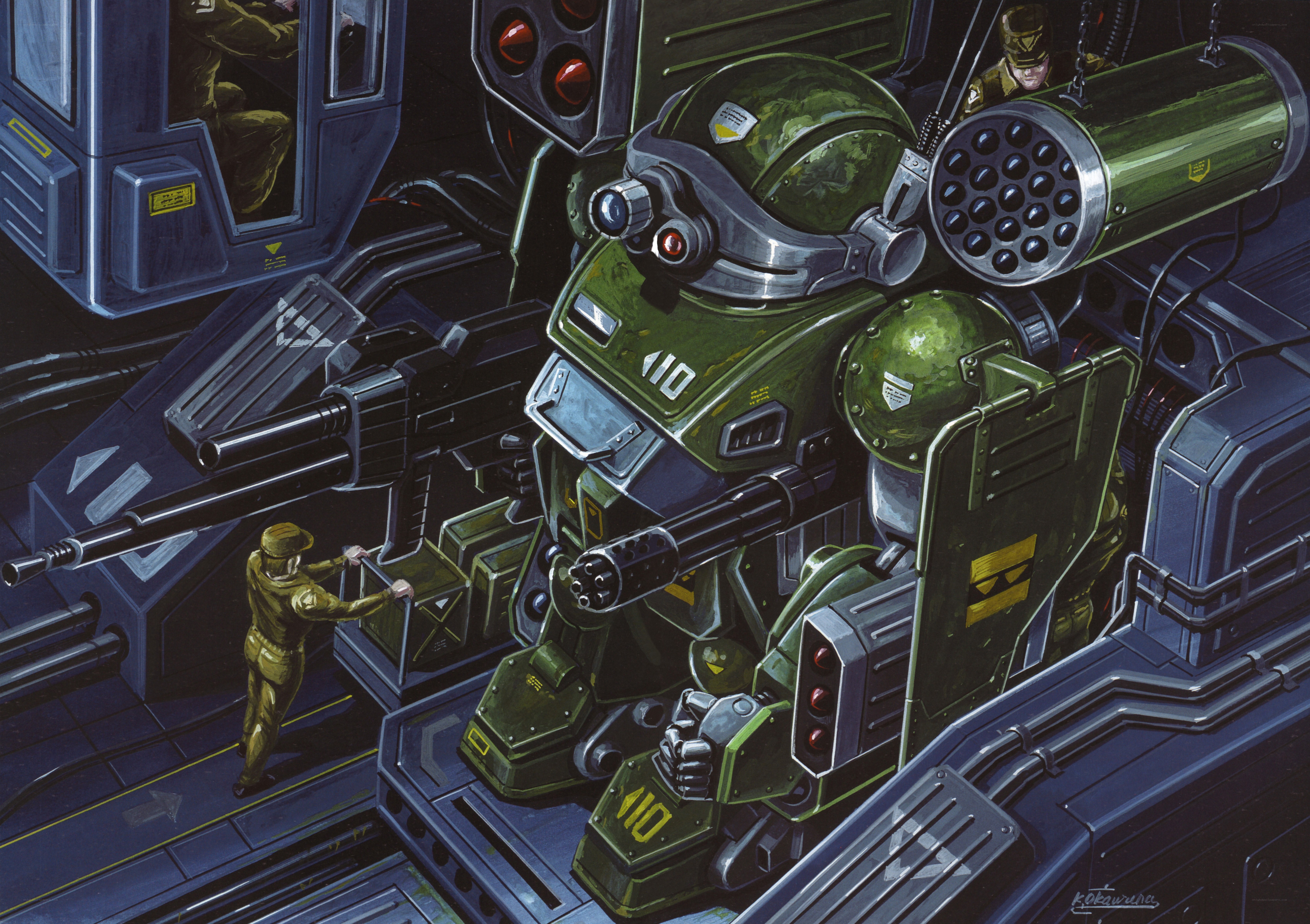 Soldier with mecha in hangar