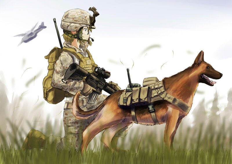 Soldier with Military Dog — Green, Alert, Afternoon, Anime