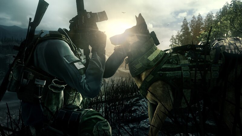 Soldier with Military Dog — Green, Dramatic, Sunset, 3d Render, Rifle