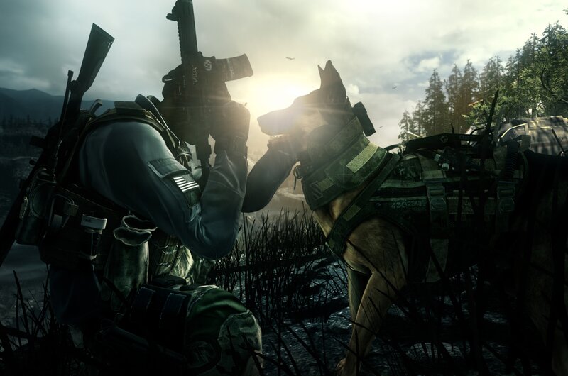 Soldier with Military Dog — Green, Dramatic
