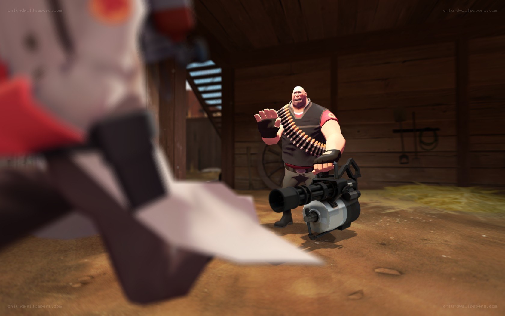 Soldier with minigun in barn
