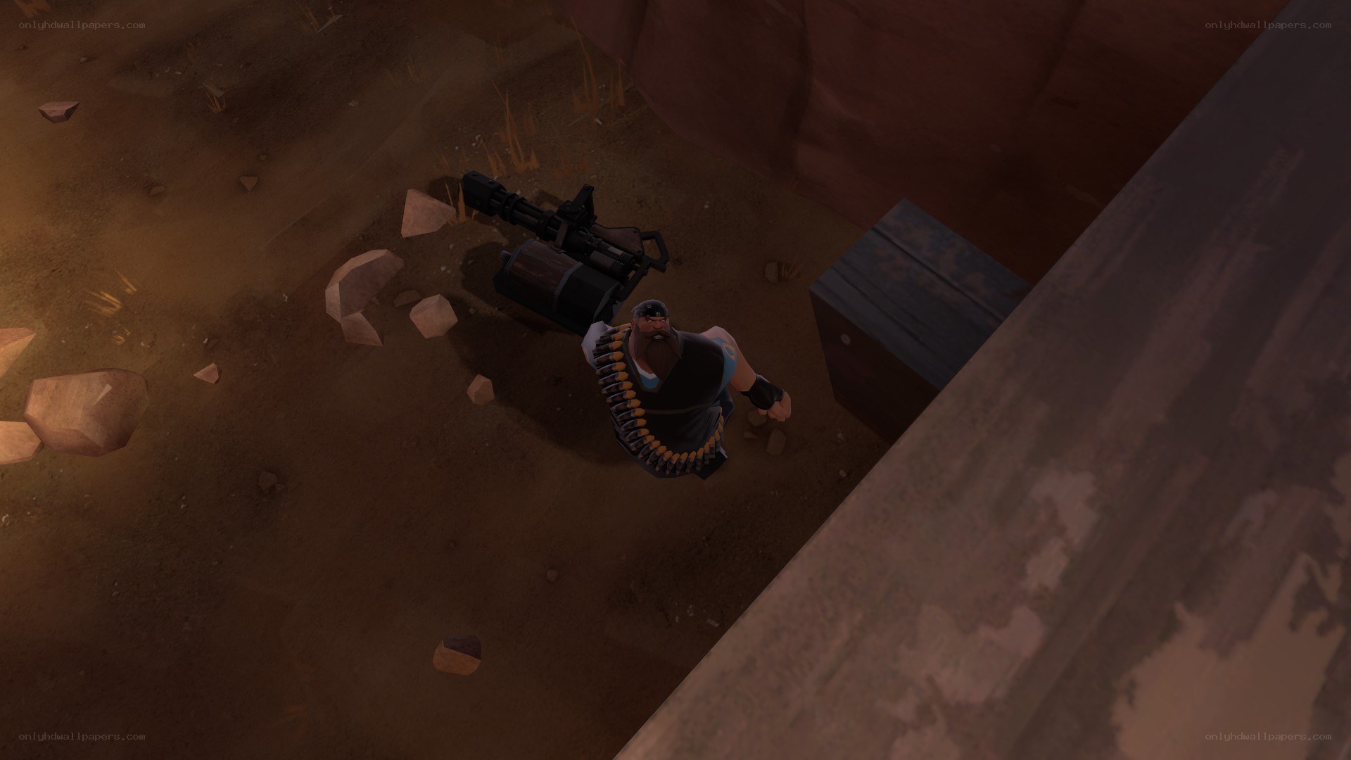 Soldier with minigun in desert
