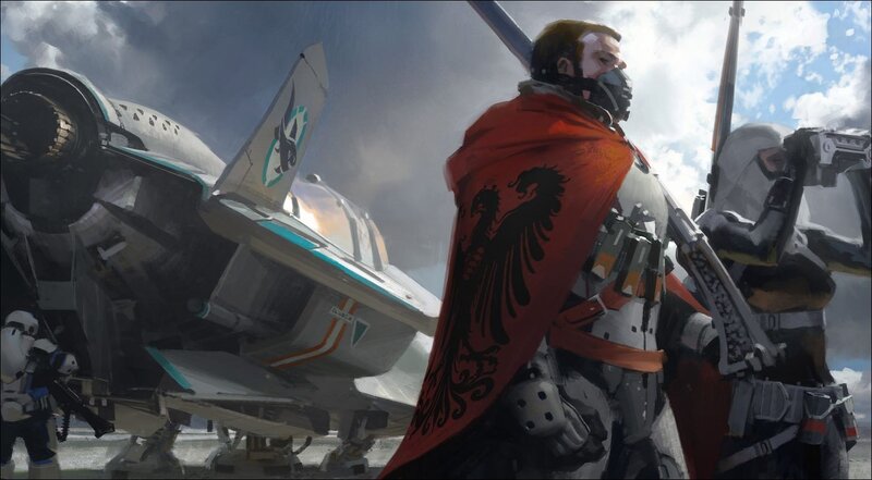 Soldier with red cloak near fighter jet