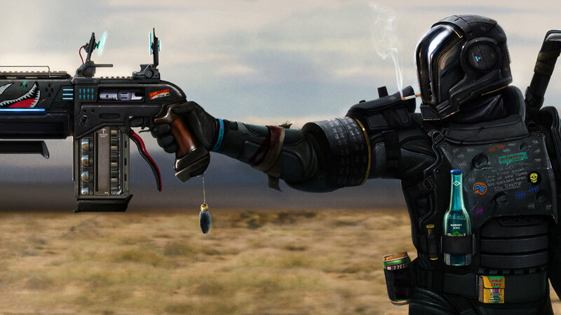 Soldier with Rifle — Black, Dramatic, Digital Art, Cigarette