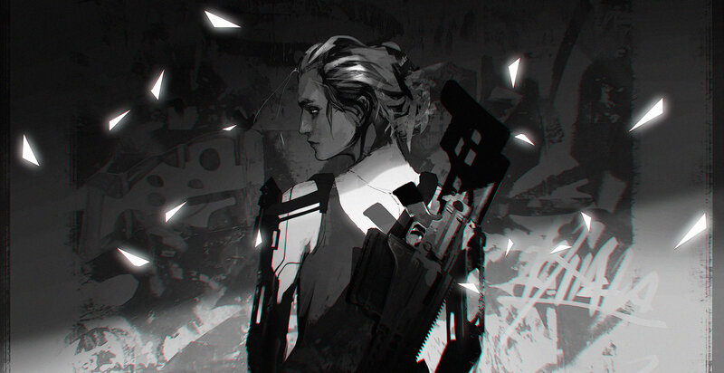 Soldier with Rifle — Black, Dramatic, Digital Art, Shards
