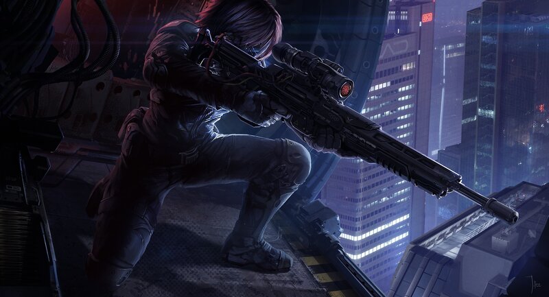 Soldier with Rifle — Black, Dramatic, Night, Digital Art, Cityscape, Skyscraper