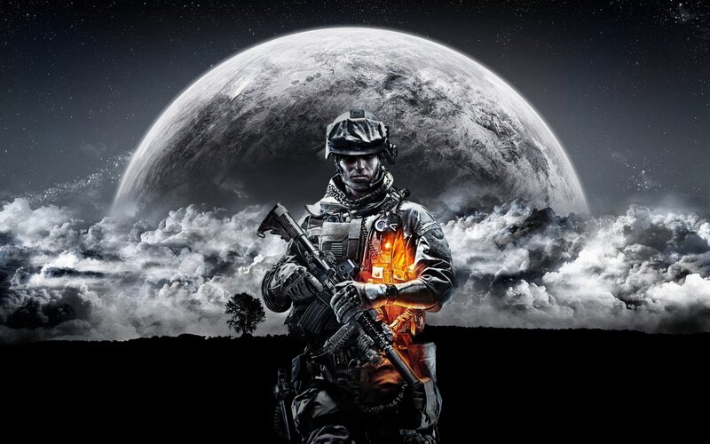 Soldier with Rifle — Black, Dramatic, Night, Digital Art, Planet, Clouds, White