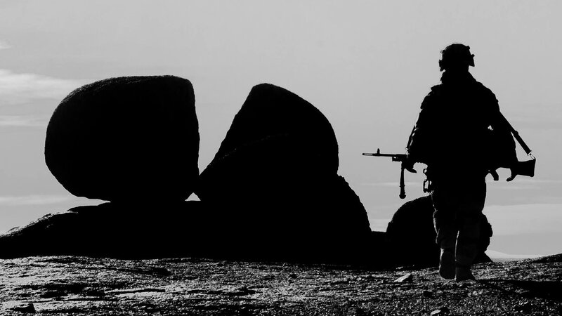 Soldier with Rifle — Black, Dramatic, Photograph, Rock