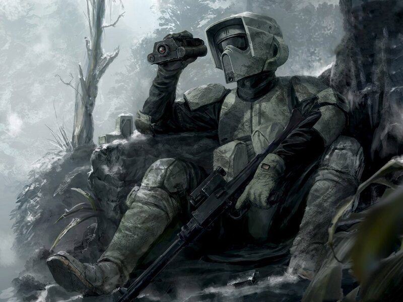 Soldier with Rifle — Gray, Dramatic, Digital Art, Binoculars