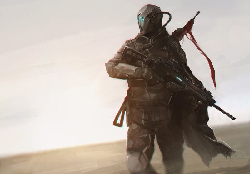 Soldier with Rifle — Gray, Dramatic, Sunset, Digital Art
