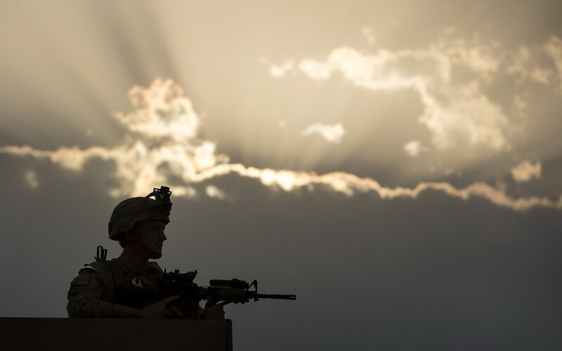 Soldier with Rifle — Gray, Dramatic, Sunset, Photograph