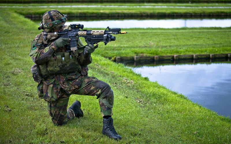 Soldier with Rifle — Green, Alert, Afternoon, Photograph, Pond