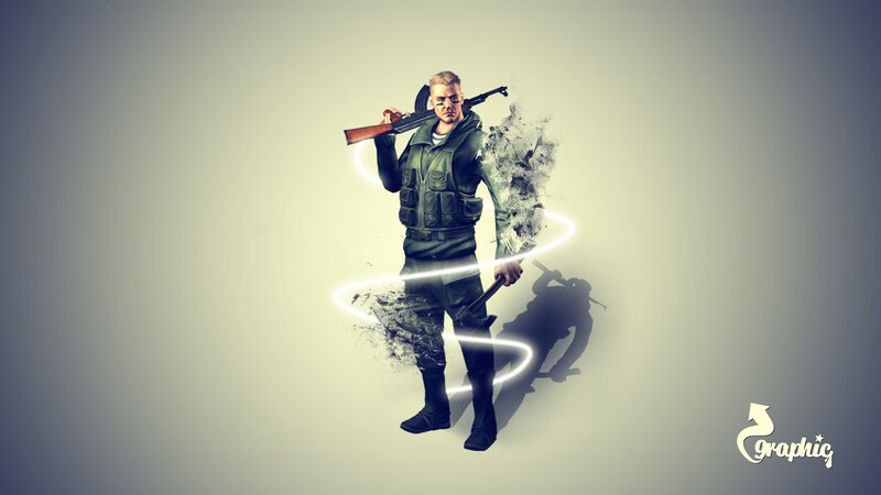 Soldier with Rifle — Green, Dramatic, Digital Art, Glowing Lines