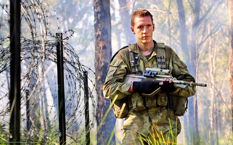 Soldier with Rifle — Green, Tense, Afternoon, Photograph
