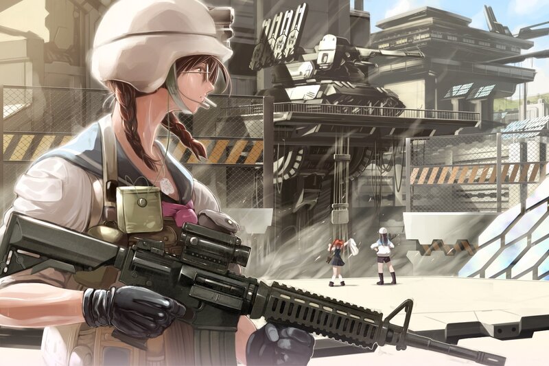Soldier with rifle in futuristic base