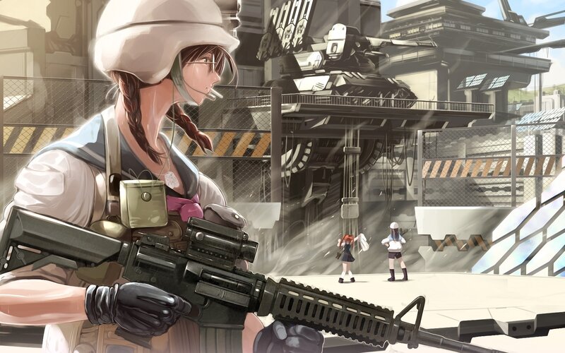 Soldier with rifle in futuristic setting