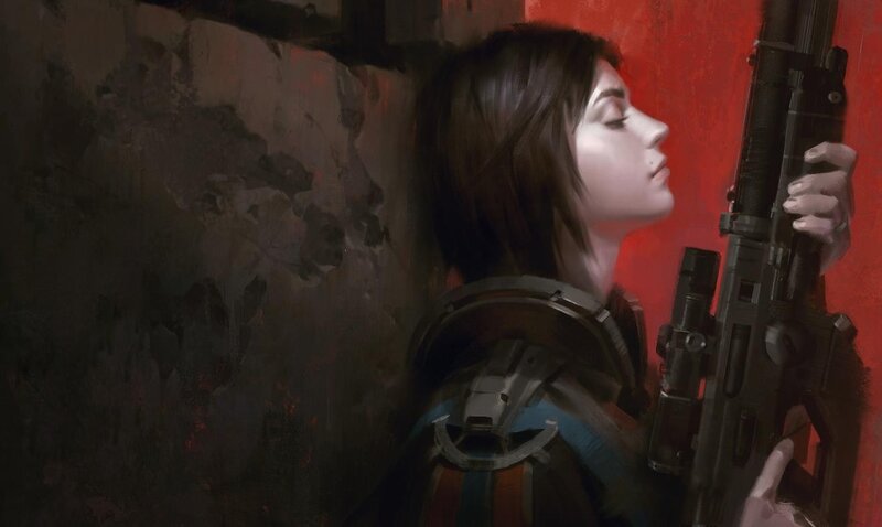 soldier with rifle in red corridor