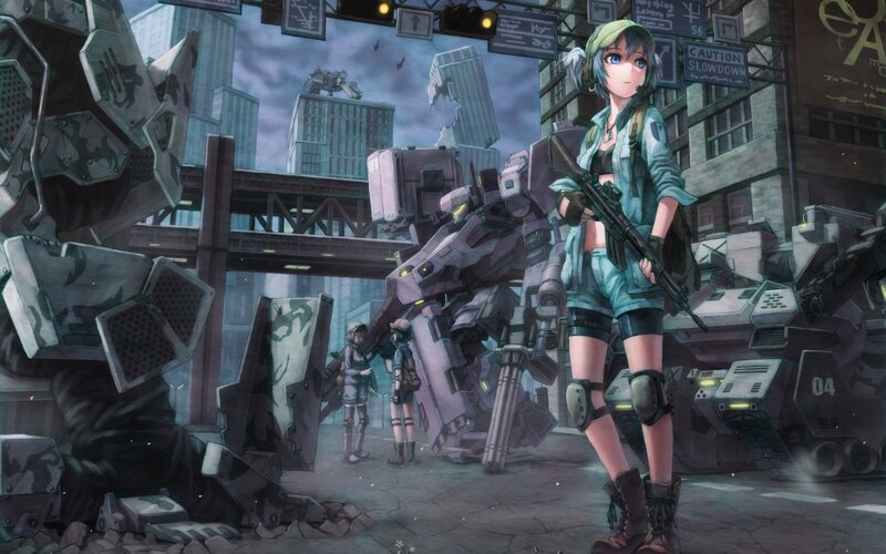 Soldier with rifle in ruined city