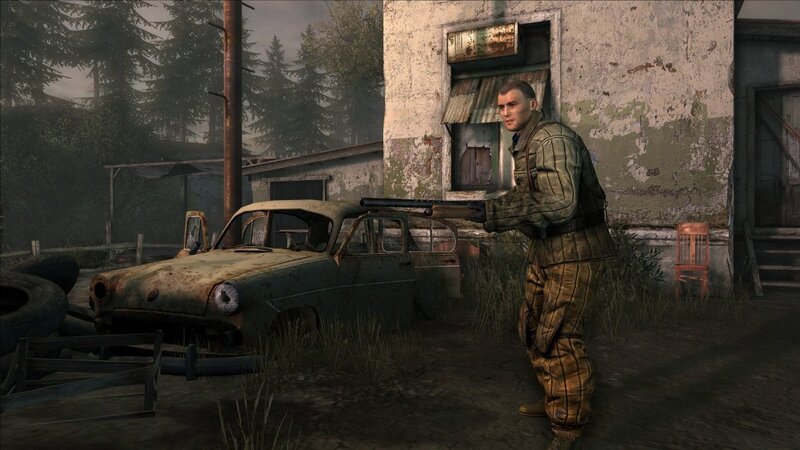 soldier with rifle in ruined town